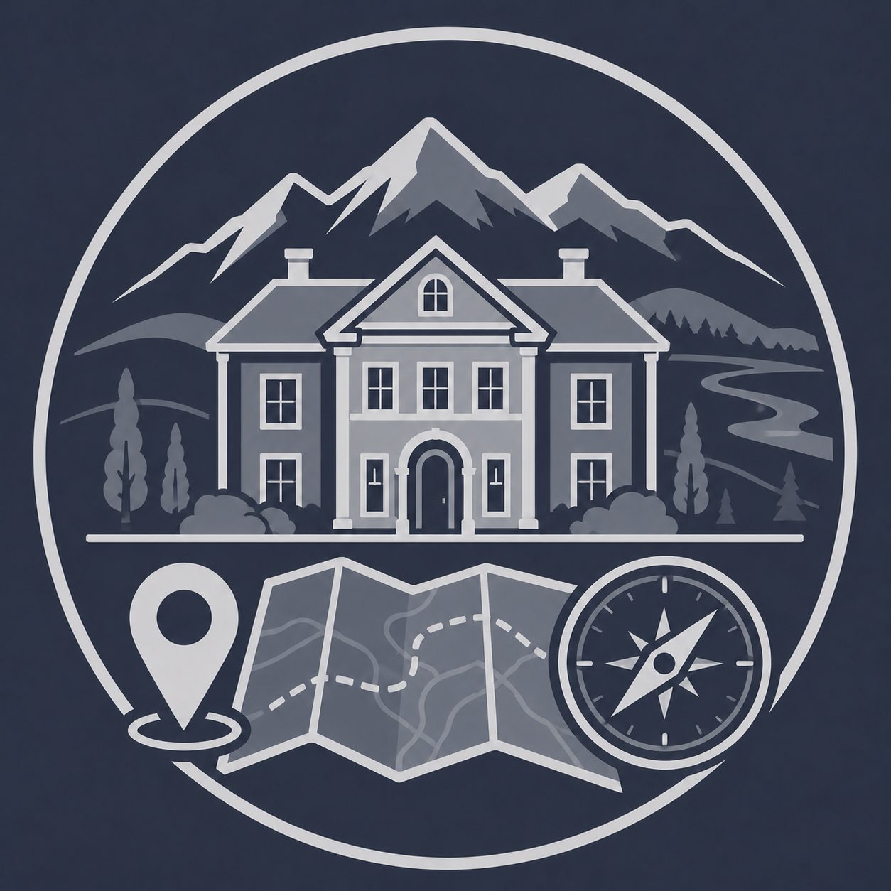 Luxury mansion with listing materials, targeted buyer audience and megaphone representing seller marketing strategy