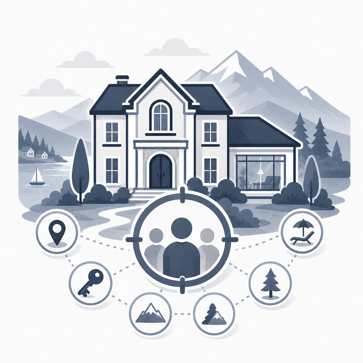 East Tennessee luxury home with targeted buyer profiles and lifestyle symbols representing audience fit