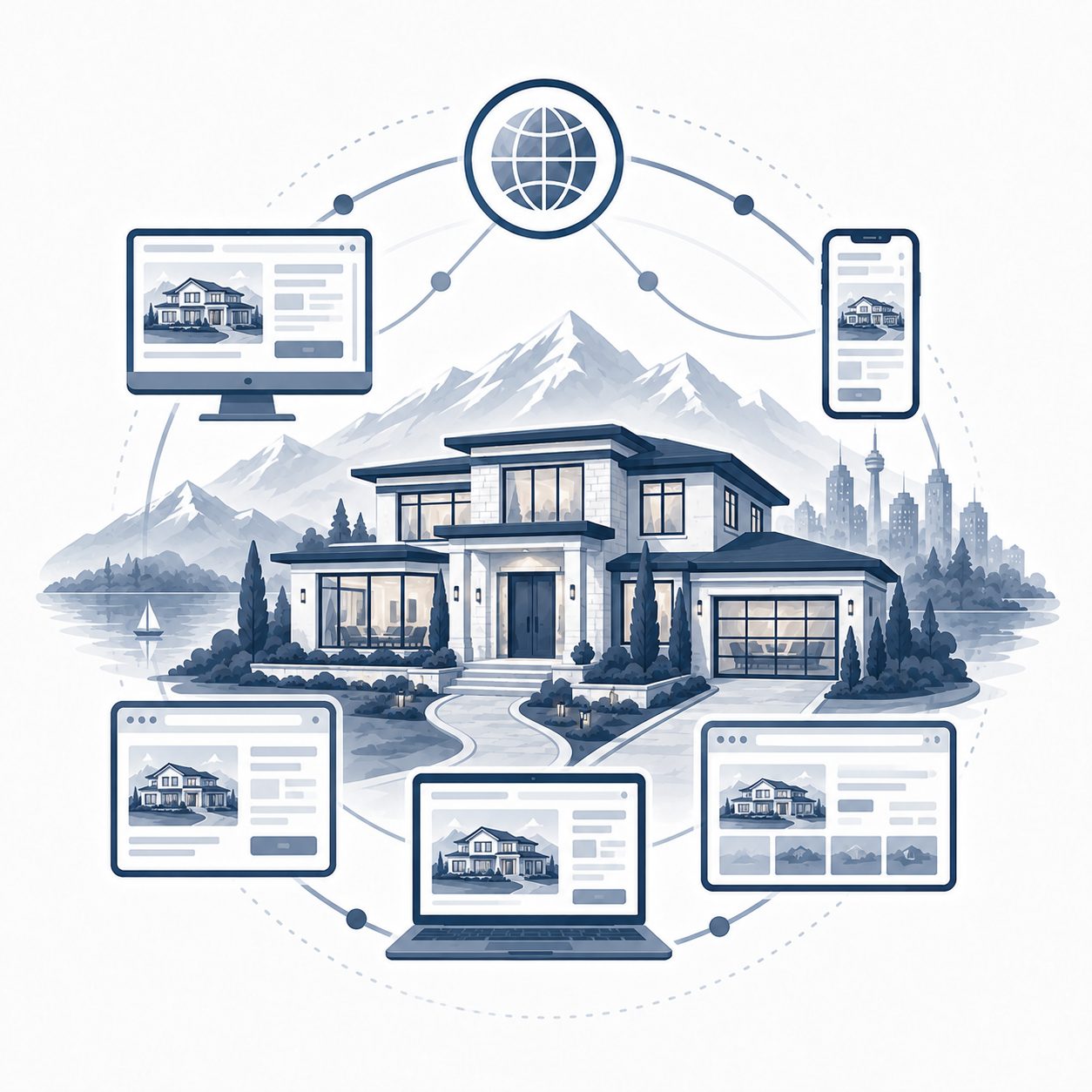 Luxury home displayed across desktop, laptop, tablet and mobile digital platforms