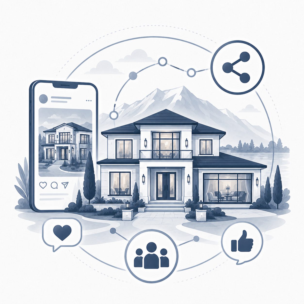 Luxury home promoted through a mobile social media post with engagement and sharing symbols