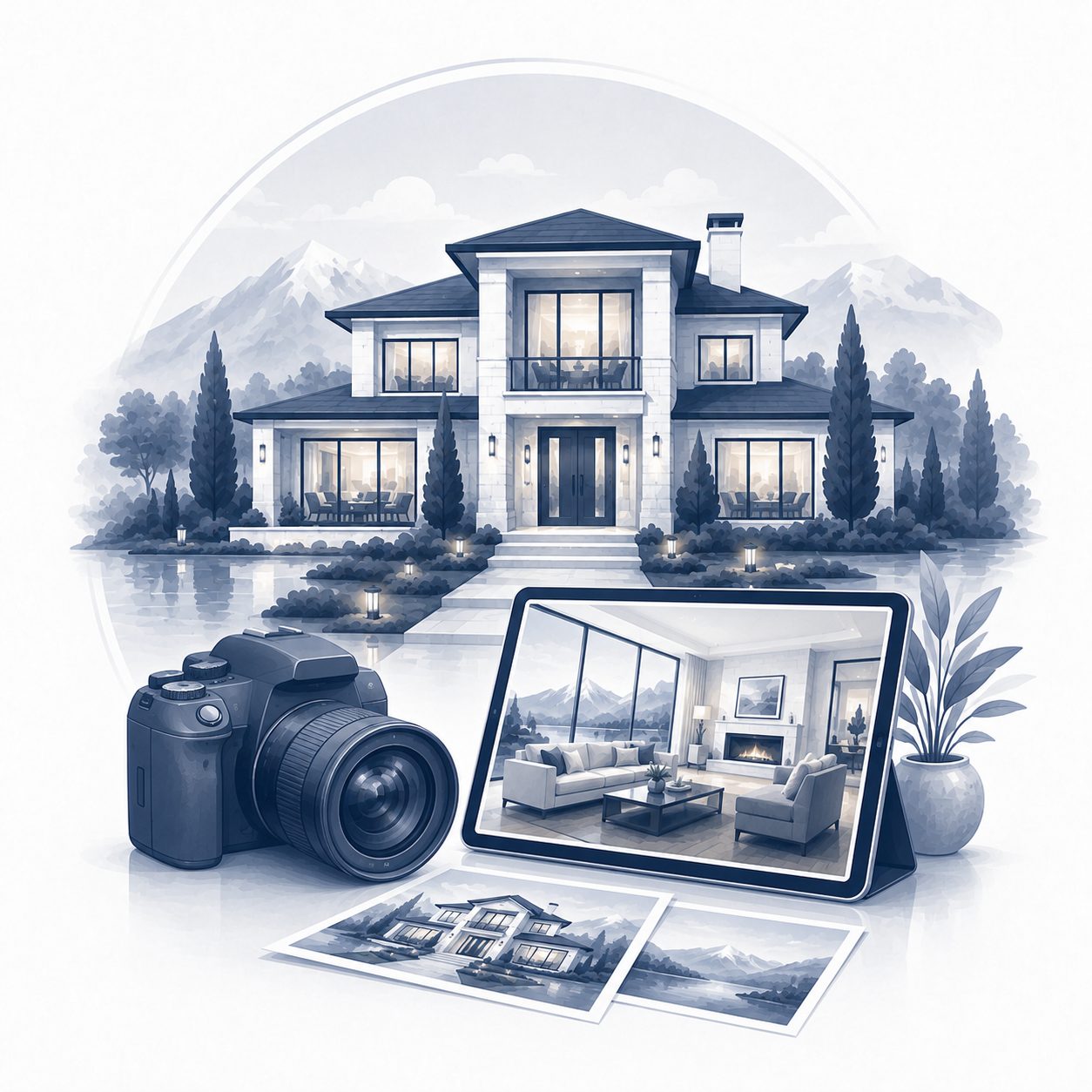 Luxury home with professional camera, interior presentation screen and property photography representing strong first impressions