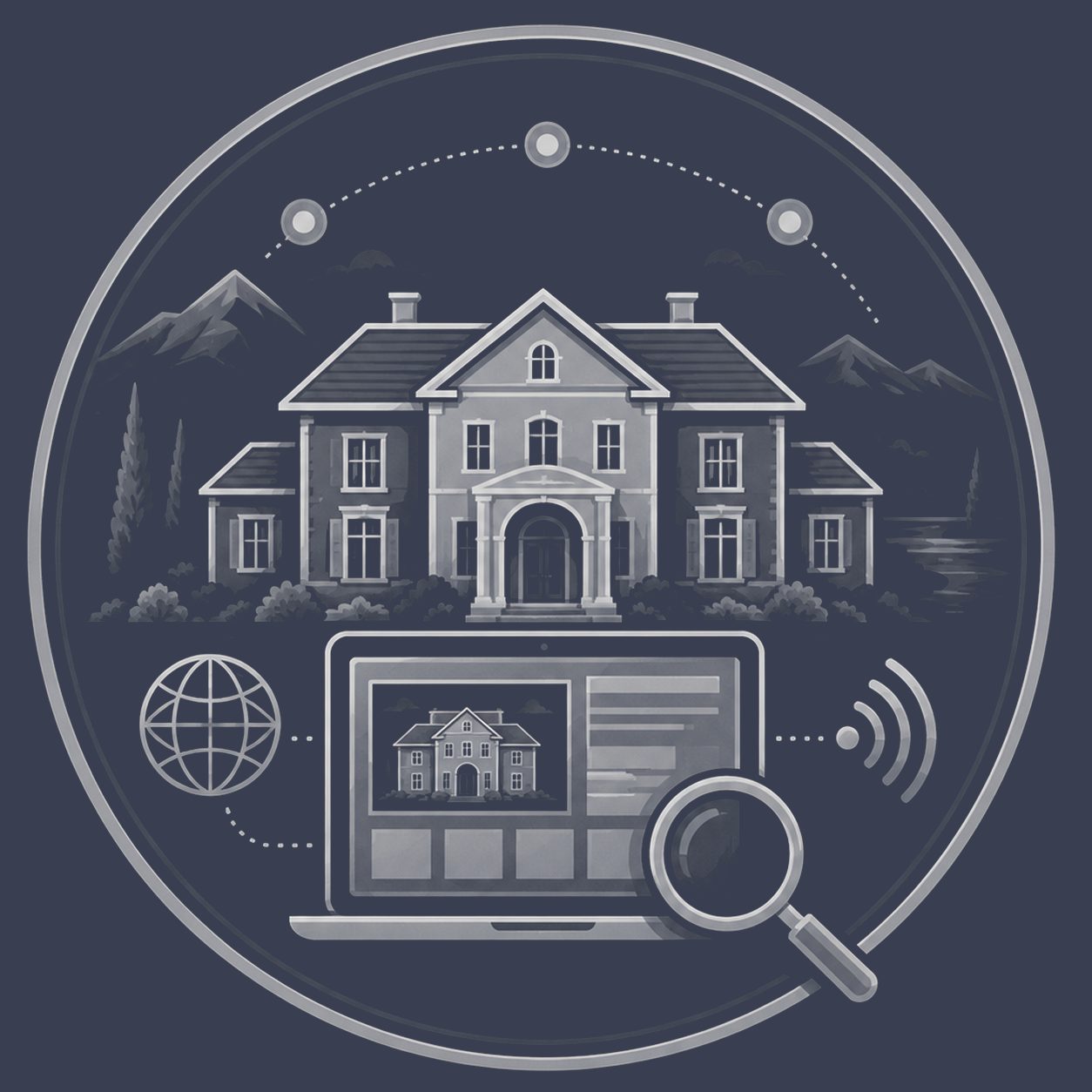 Luxury estate with online listing screen, search icon and global connectivity representing digital visibility