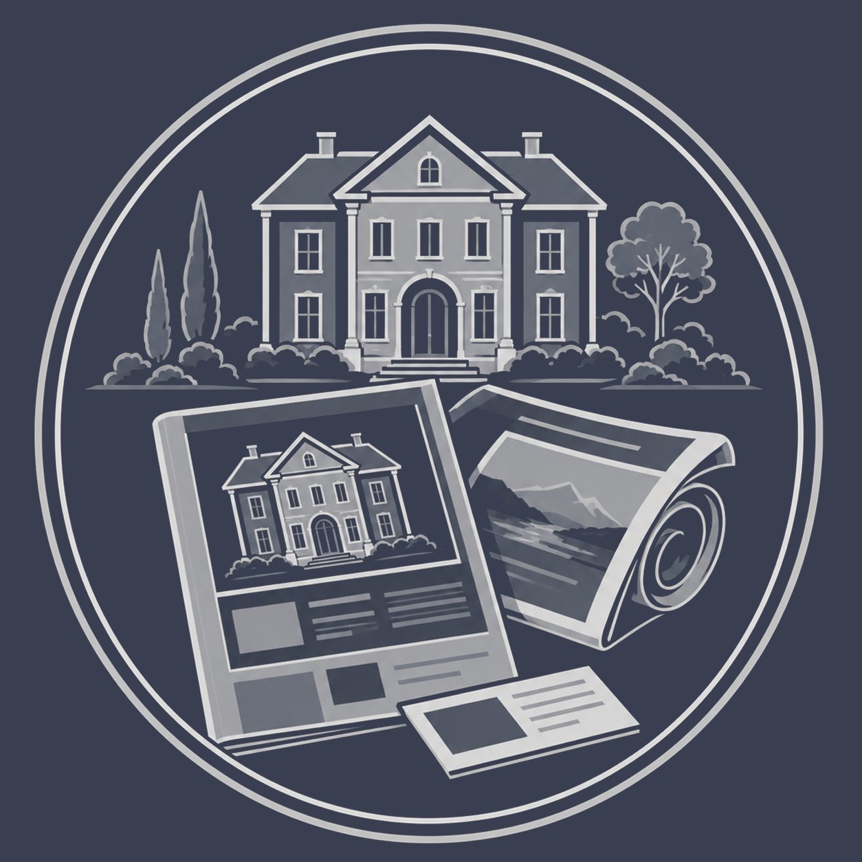 Luxury estate with printed property brochure, magazine and premium editorial placement