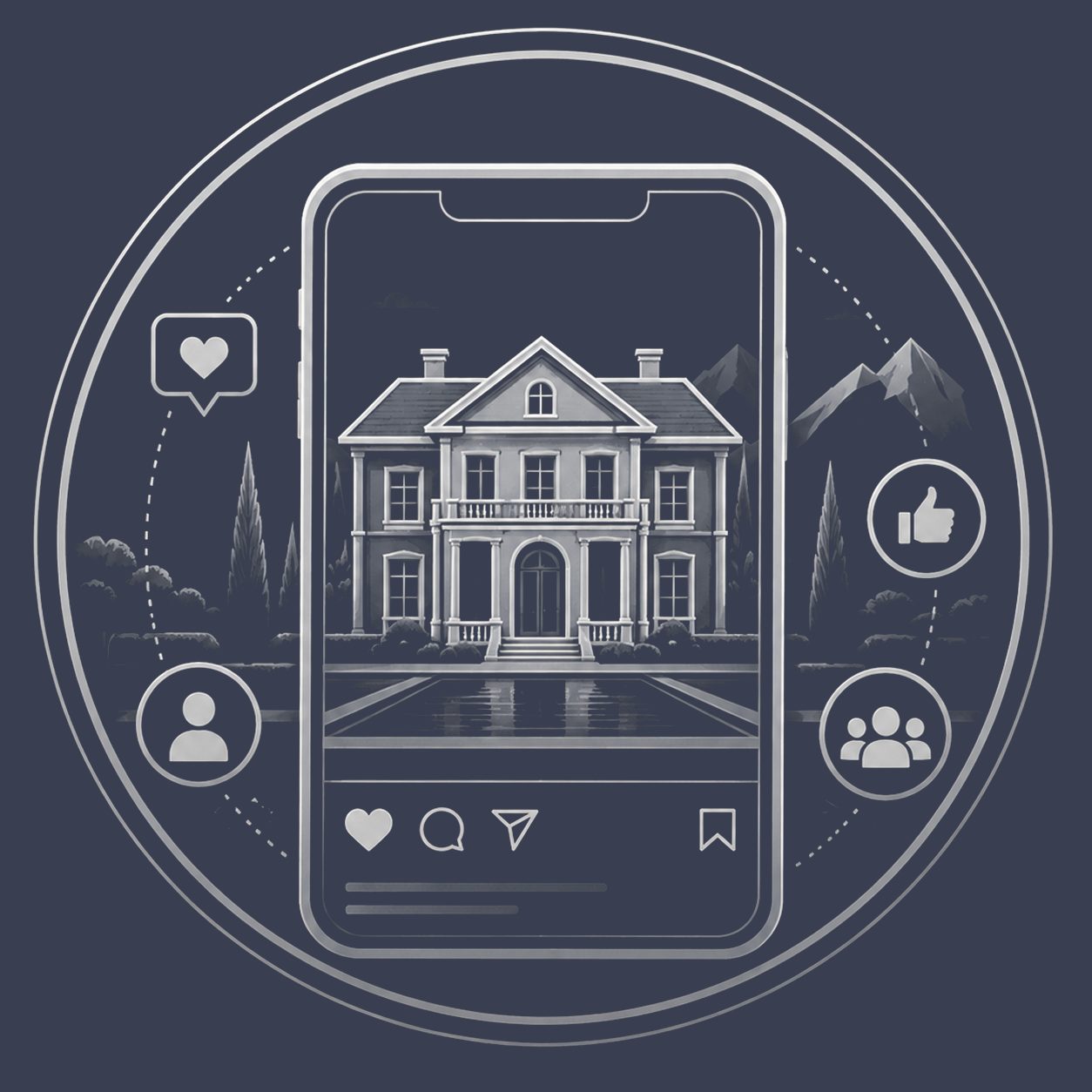 Luxury estate displayed on a smartphone with social engagement and audience icons