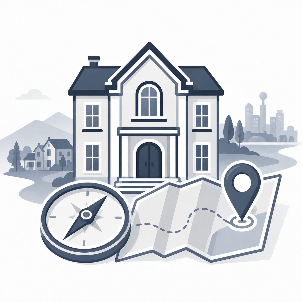 Luxury home with compass, map and location pin representing confident relocation guidance in East Tennessee