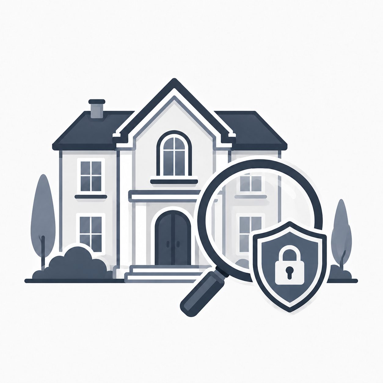 Luxury home with magnifying glass and privacy shield representing discreet property search support