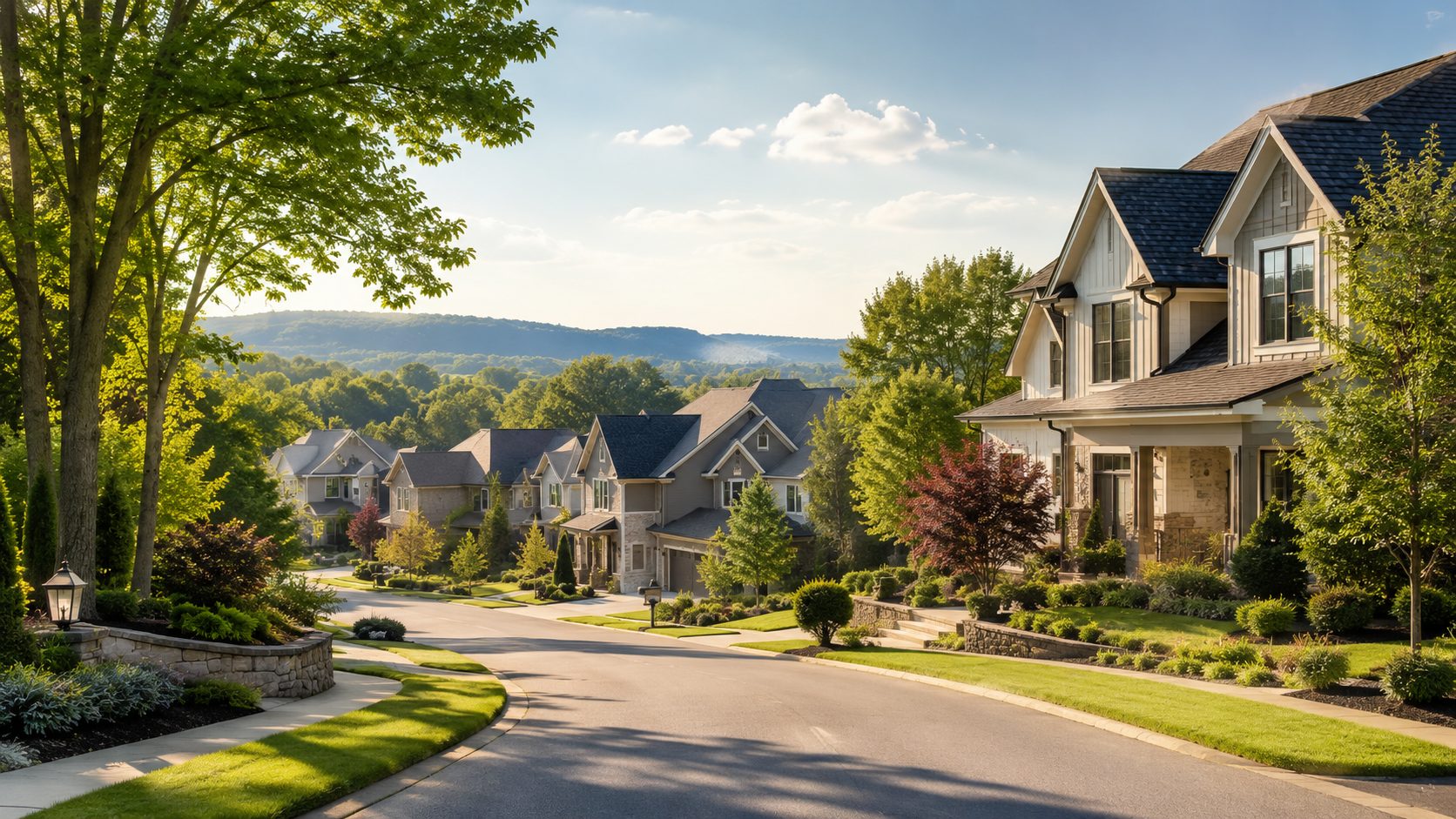 Tree-lined Knoxville area neighborhood with East Tennessee homes and rolling hills.