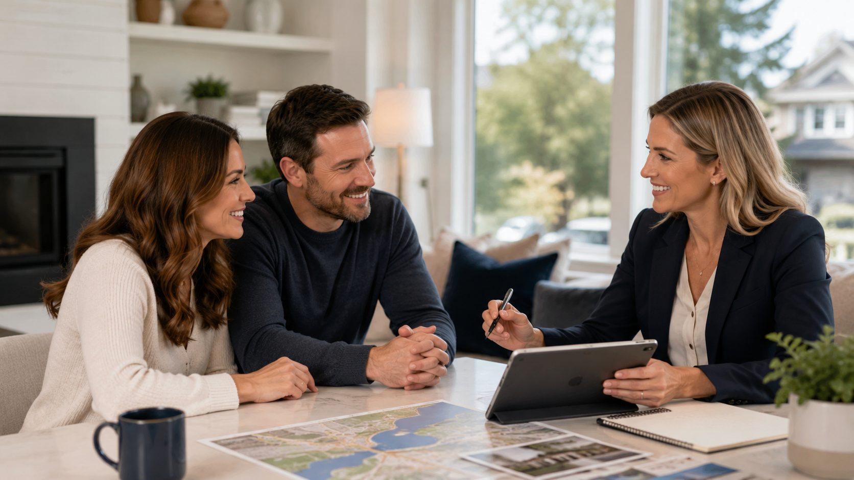 Real estate agent helping buyers compare East Tennessee home options with maps and listings.