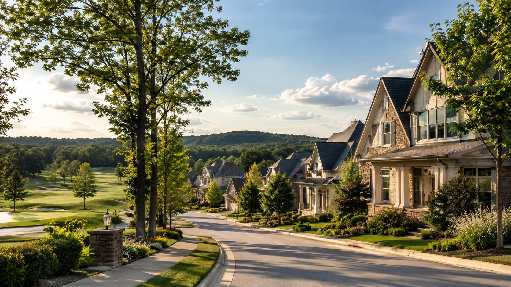 Upscale Knoxville and Farragut golf neighborhood with homes, fairway, trees, and rolling East Tennessee hills