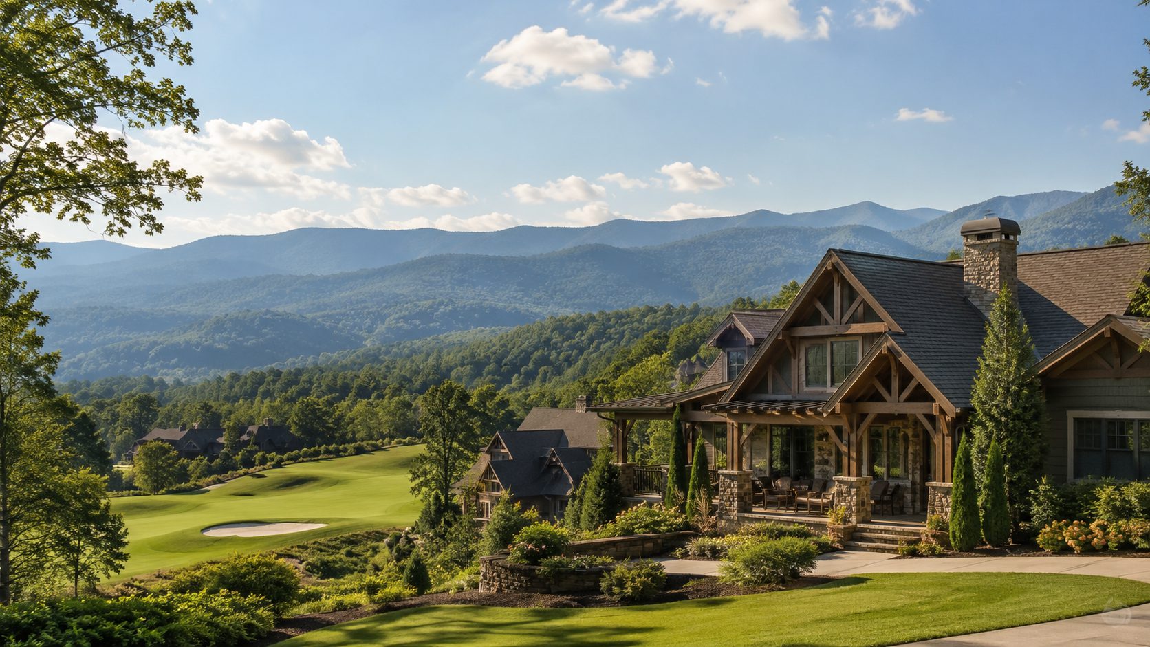 Smoky Mountain golf community with mountain views, fairway, lodge-style home, trees, and landscaped grounds