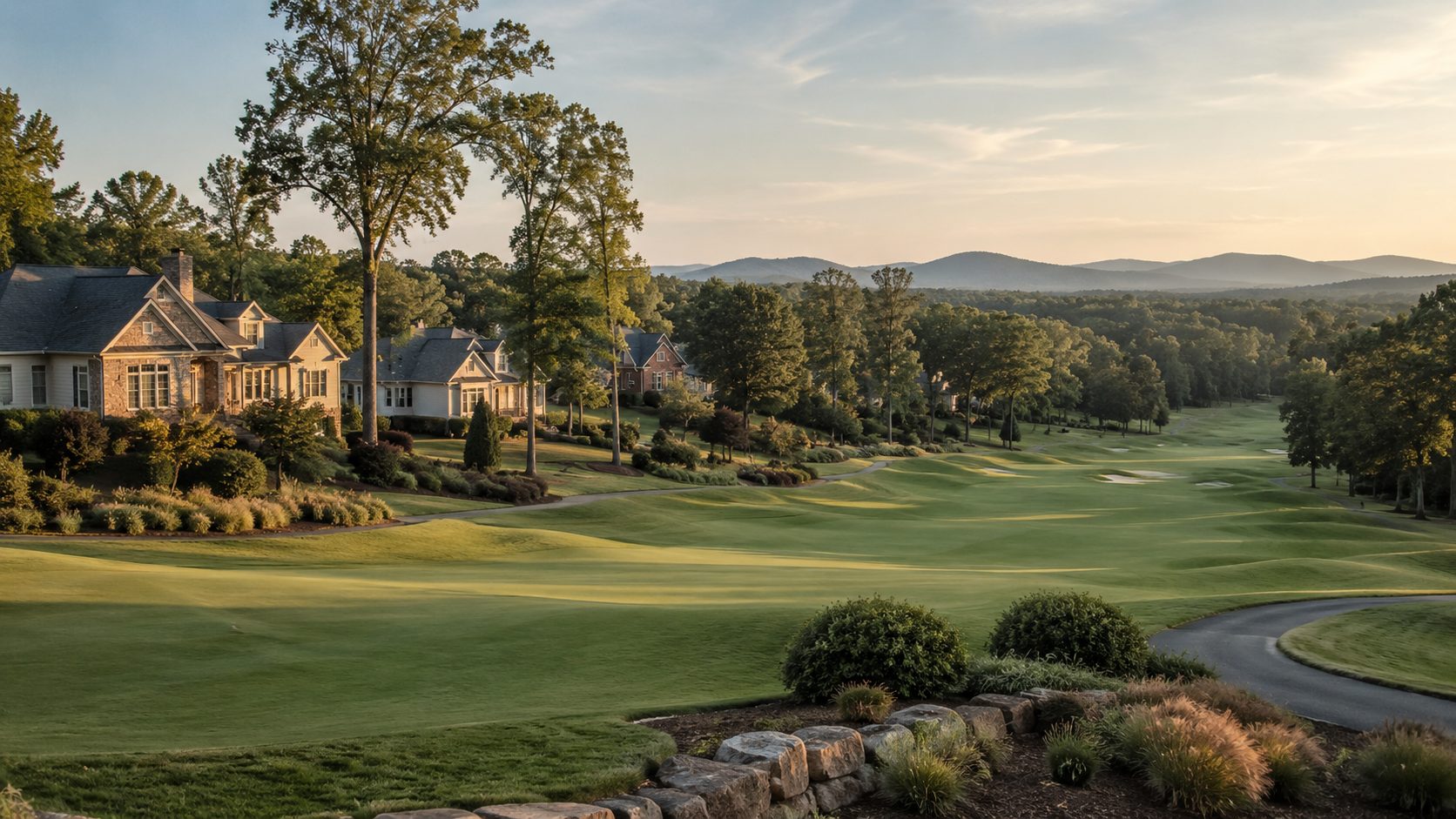 Knoxville and Farragut golf-area neighborhood with upscale homes, fairway views, mature trees, and rolling East Tennessee hills