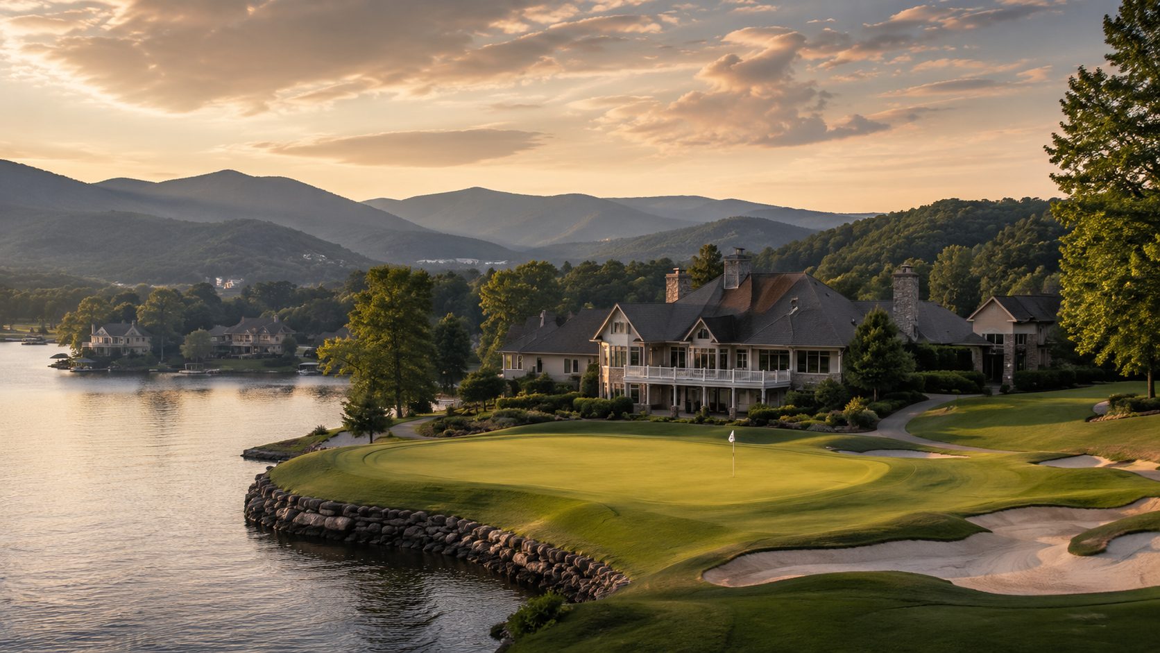 Rarity Bay-style Tellico Lake golf community with waterfront views, fairway, homes, and mountain scenery