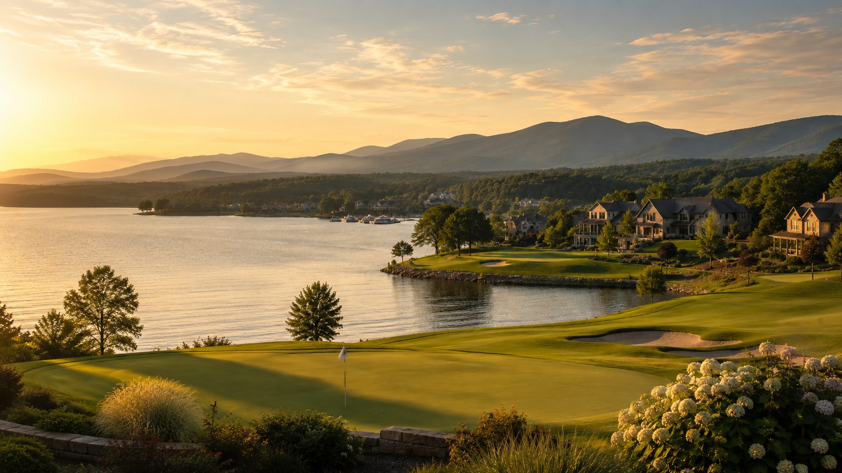 Loudon County and Tellico Lake golf community with lakeside fairway, homes, mountain views, and sunset sky