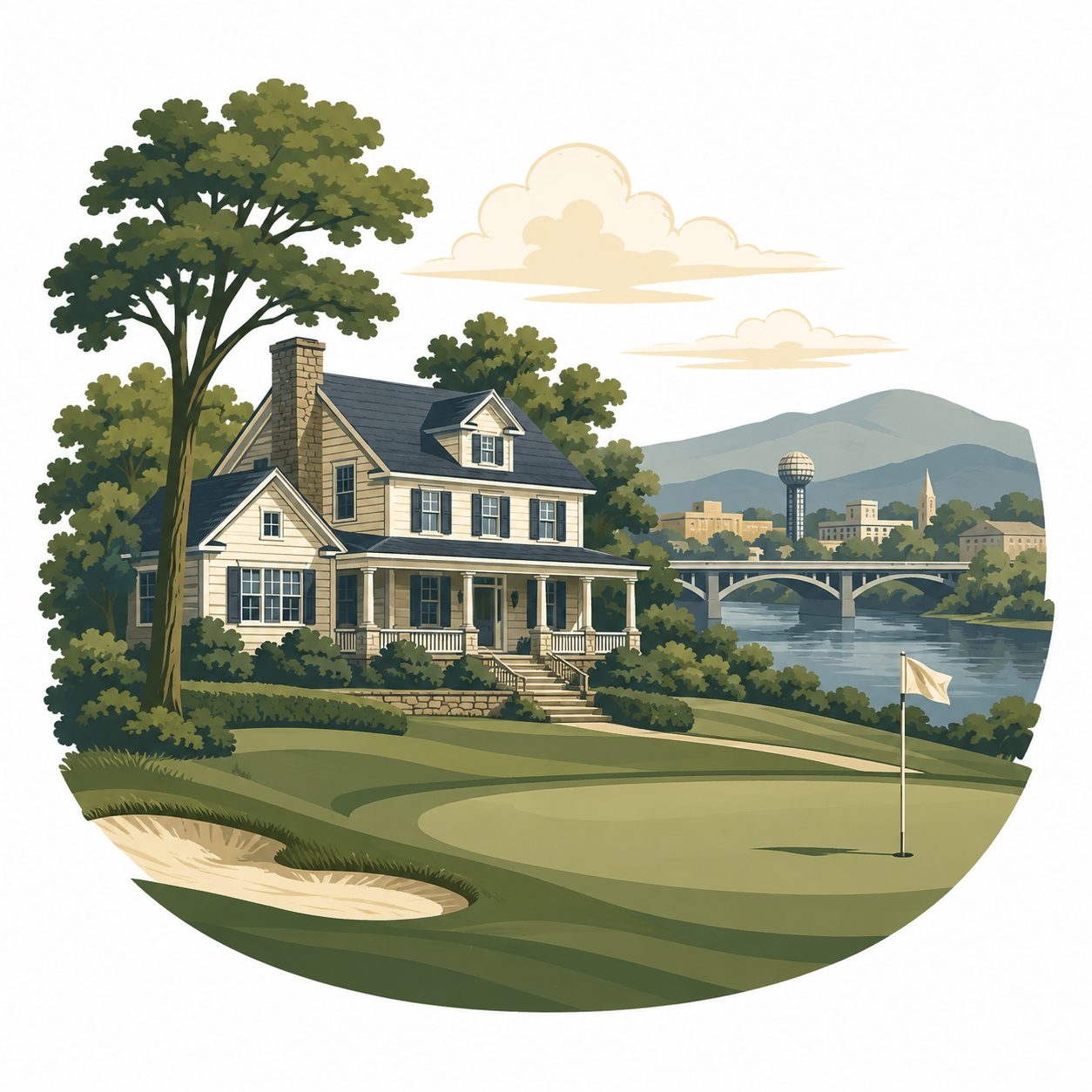 Illustrated icon of a historic Knoxville golf-area home with fairway, mature trees, river view, and city skyline