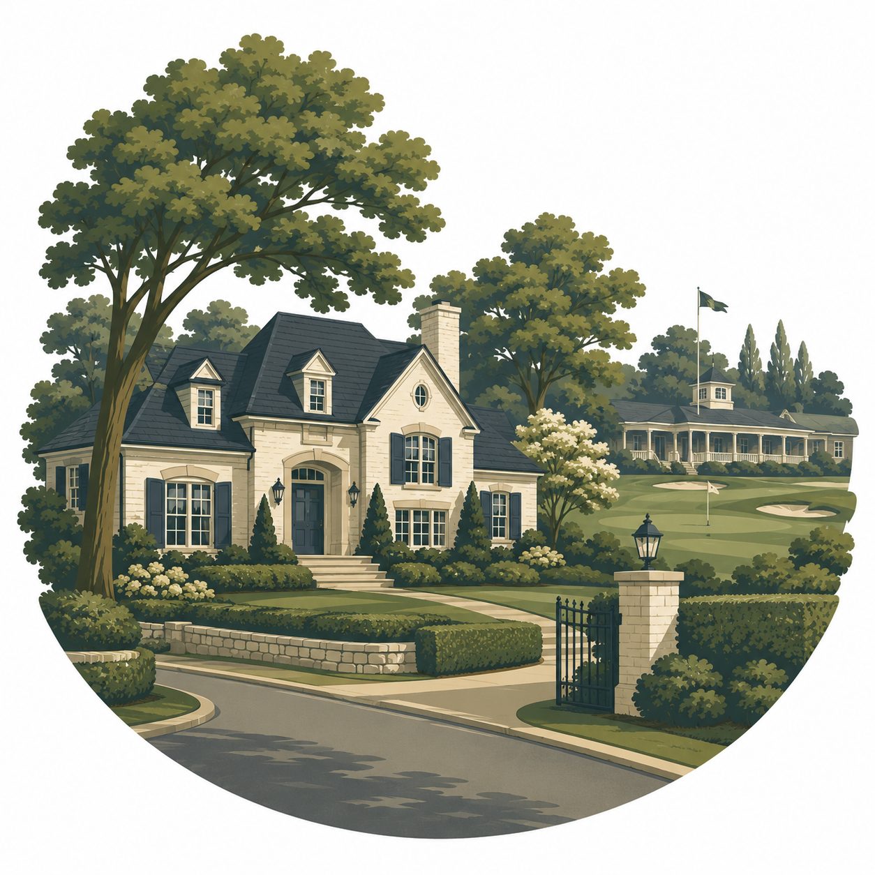 Illustrated icon of a golf-adjacent Knoxville neighborhood with estate-style home, mature trees, clubhouse, and golf green