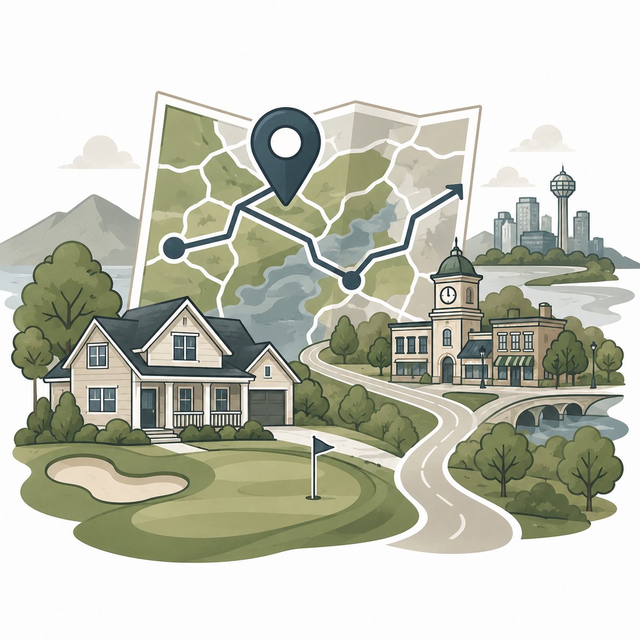 Illustrated icon of a Loudon County area map with home, roads, town center, water, and location marker