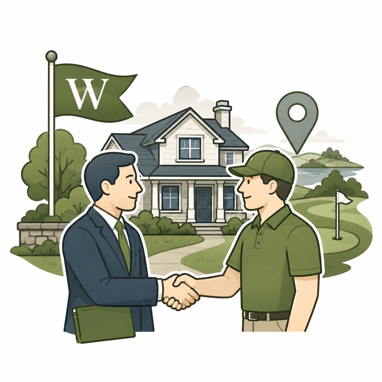 Illustrated icon of a local Wallace agent guiding a buyer near a golf and lake community home