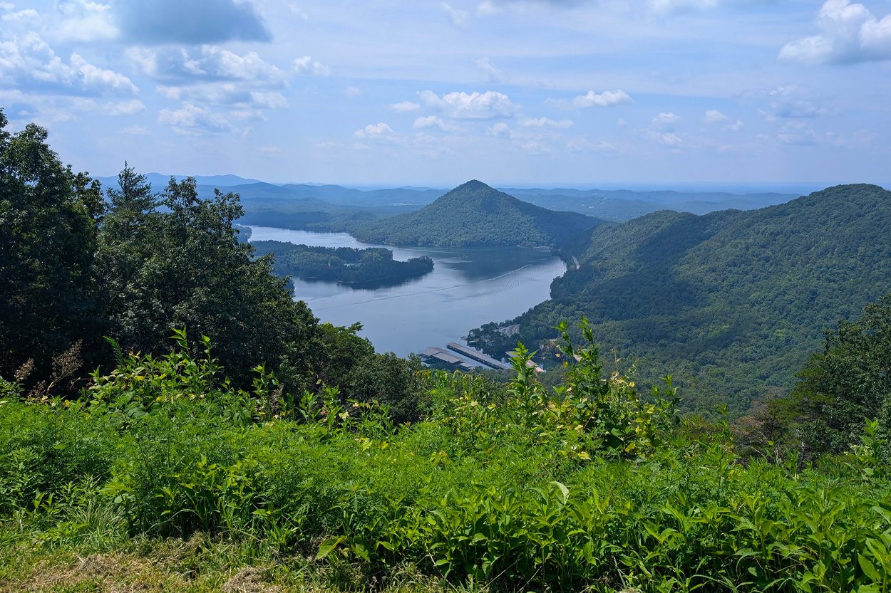 Elevated view of Cherokee Lake winding between forested East Tennessee mountains