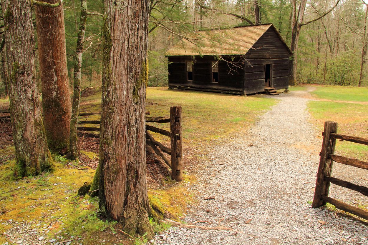 Rustic log cabin beside a wooded gravel path representing Church Hill, Tennessee