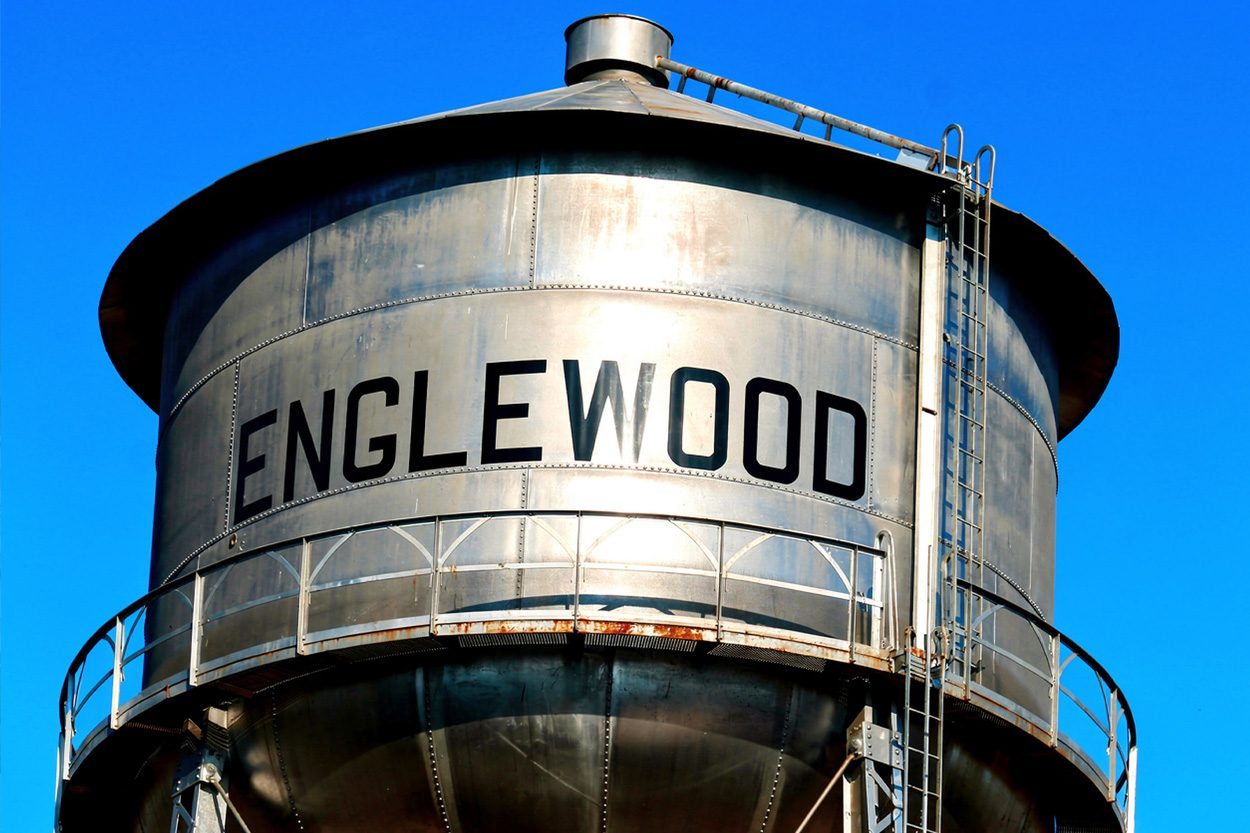 Englewood water tower beneath a clear blue sky in McMinn County, Tennessee
