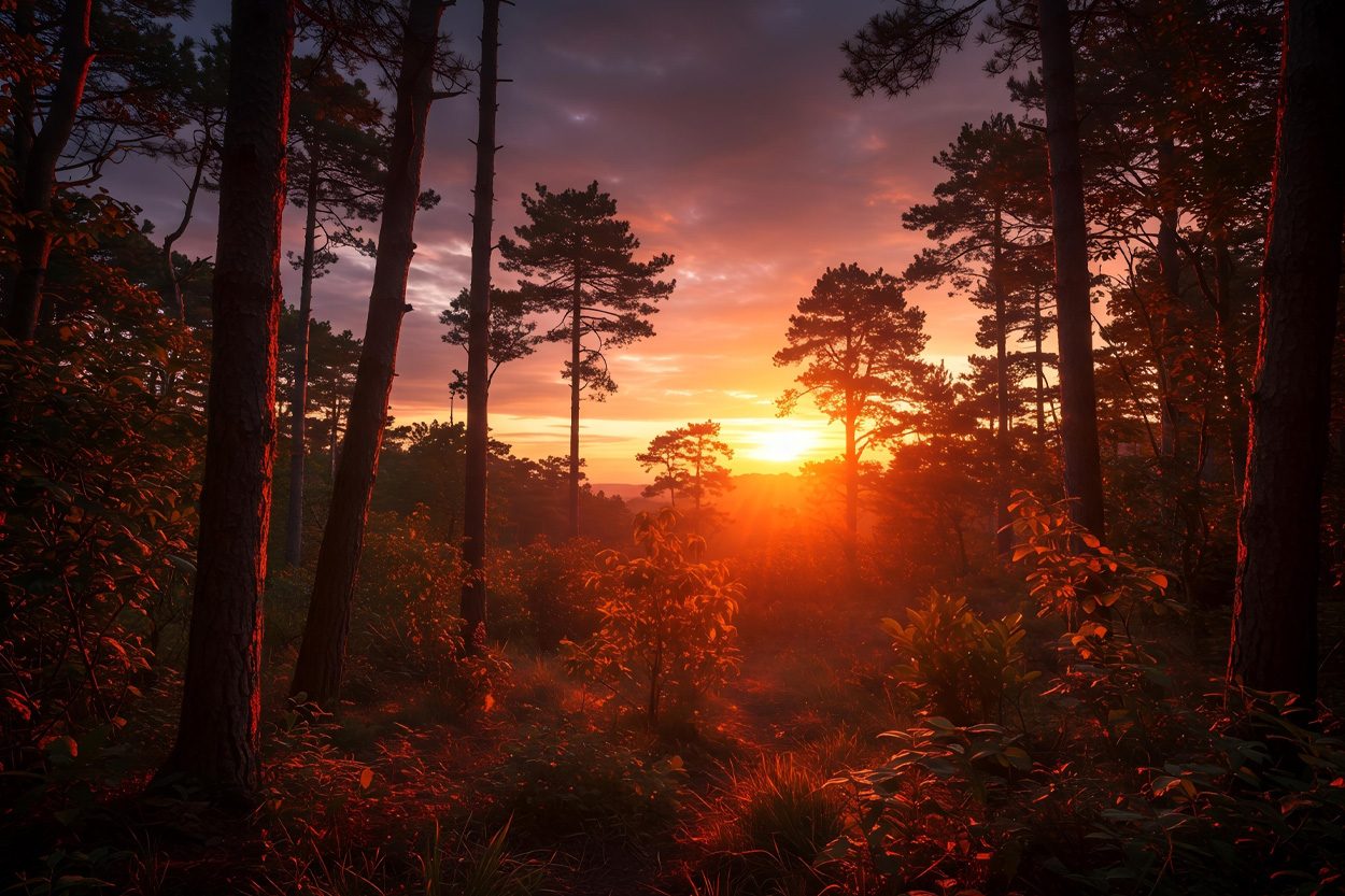 Sunset glowing through a wooded landscape near Tate Springs in Grainger County, Tennessee