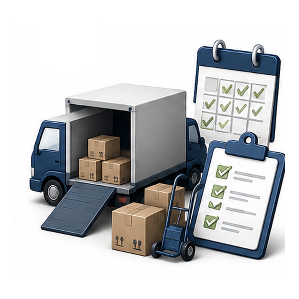 Relocation guidance icon showing early questions about financing, inspections, timelines, and moving services.