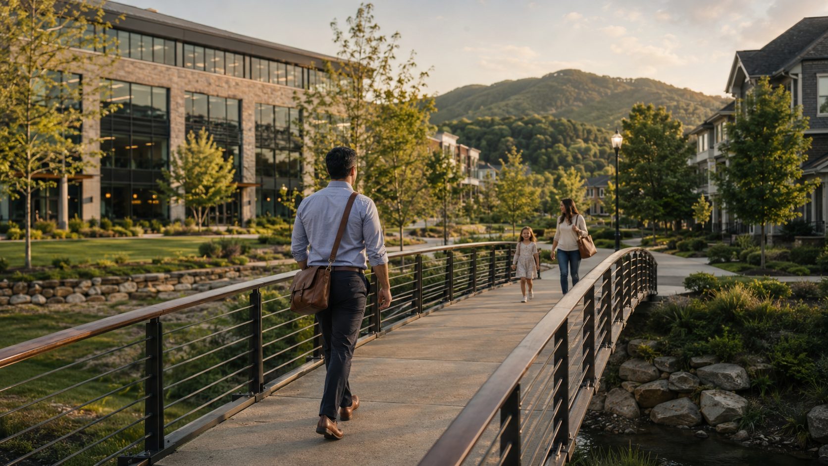 Professional walking between an East Tennessee workplace and nearby residential community
