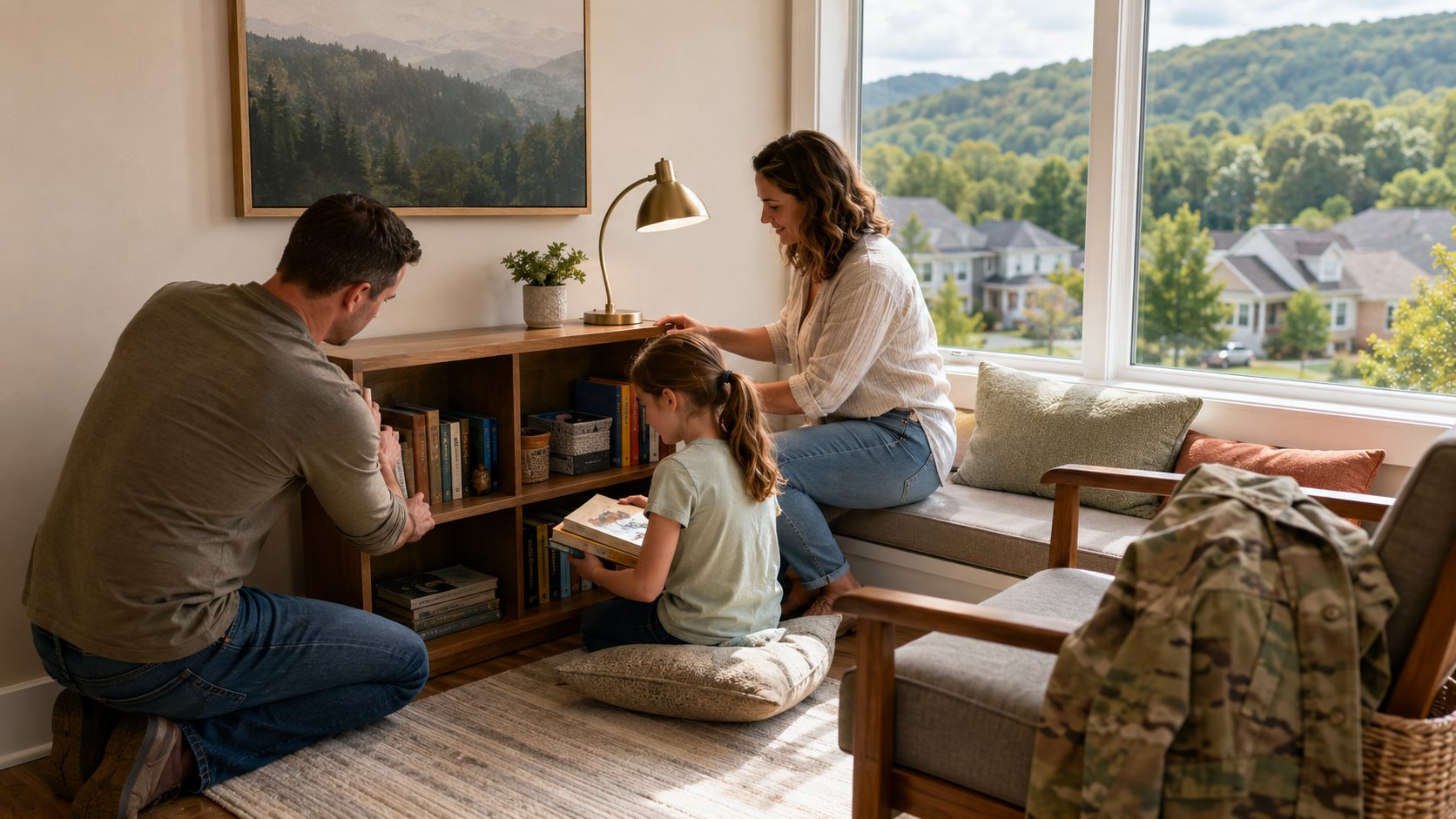Military family creating a reading area in their new East Tennessee home
