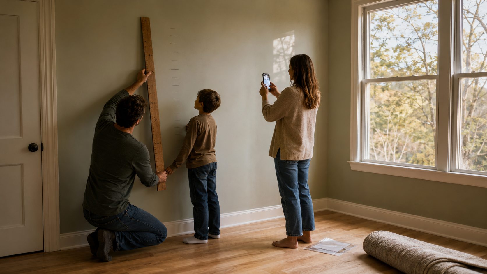 Family preserving a child’s growth chart before moving out of their East Tennessee home