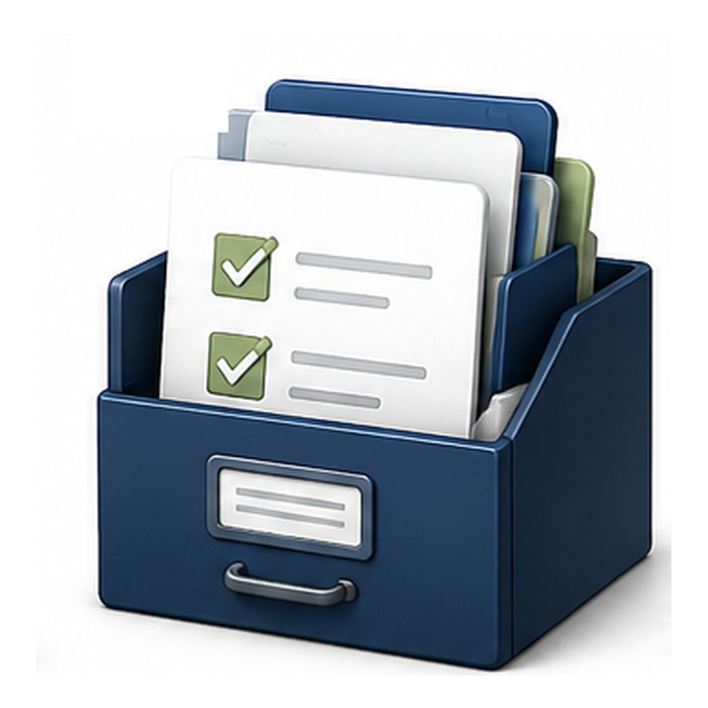 Moving documents icon showing contracts, loan papers, identification, and relocation paperwork organized together.