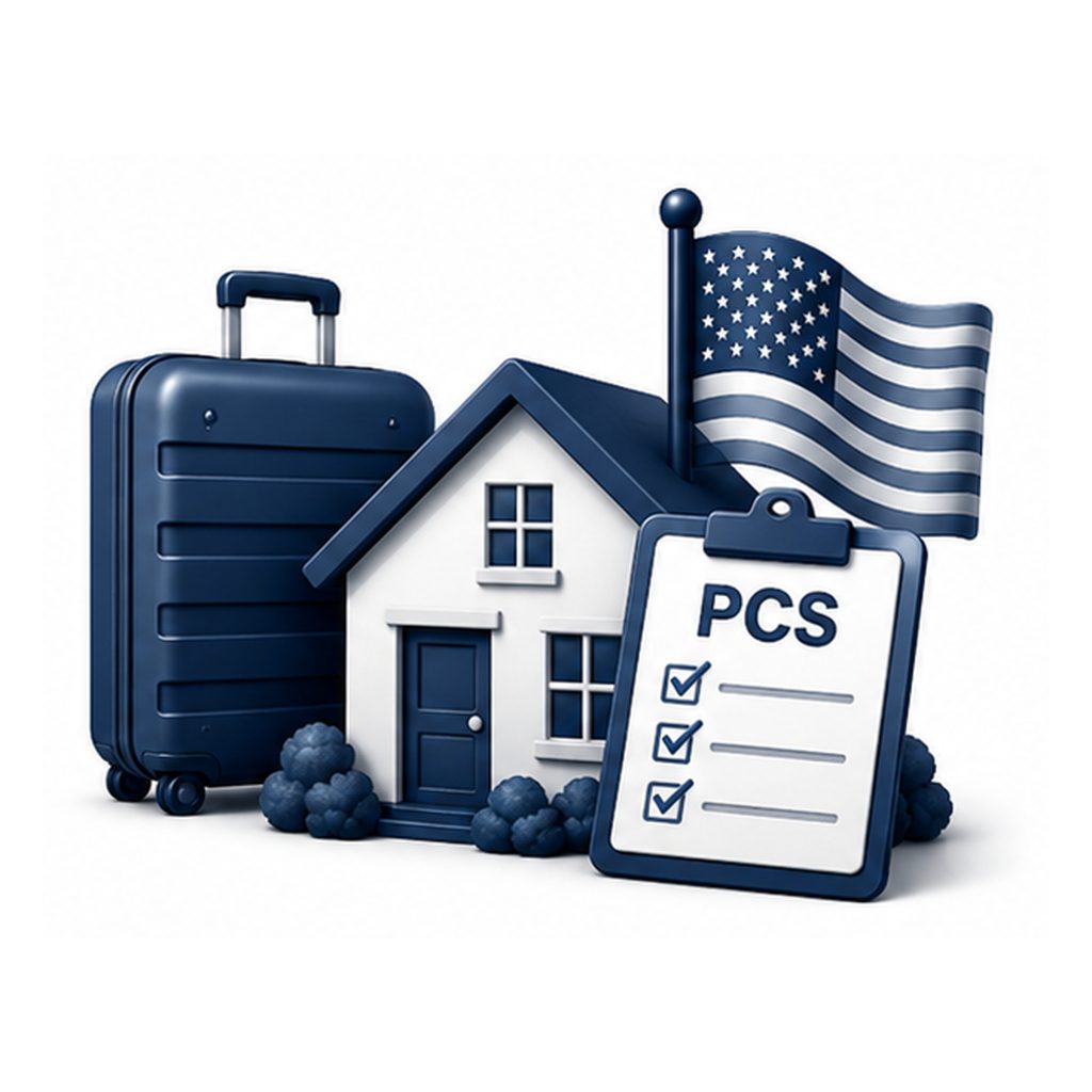 Military relocation experience icon showing PCS planning, a home, moving support, and military family relocation guidance.