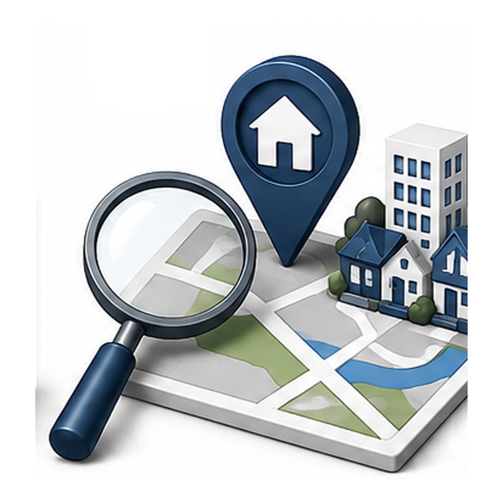 Community research icon showing neighborhood comparison, commute times, schools, healthcare, and local amenities.